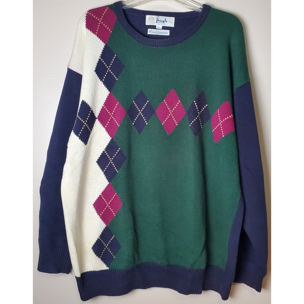 FLAWS‎ Vintage Pringle Of Scotland Men's Large Cotton Argyle Sweater Preppy Golf